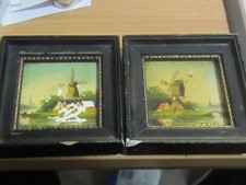 2 Original Miniature Windmill Paintings on Ceramic Tile by C.Holland A/F
