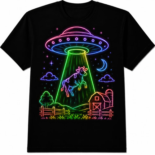 Neon ufo abducting cow retro - neon,