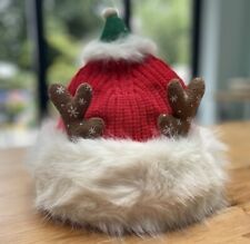 Santa & Reindeer Antler Woolly Knitted Hat With Faux Fur Trim - One Size - New