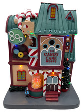 Lighted Animated Christmas Village Candy Cane Works House 12" Tall - D4 O909