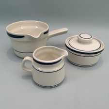 Vintage Rörstrand Sweden Fjord Milk Jug Sugar Bowl Sauce Boat Blue On White