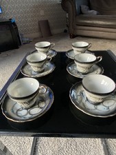 Oriental Vintage Raised 3D Dragon Tea Cup And Saucer Foreign Stamp Set Of 6