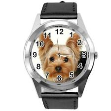 YORK YORKIE YORKSHIRE TERRIER PUPPY DOG LOVER Steel BLACK LEATHER QUARTZ WATCH