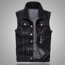 UK Mens Ripped Denim Vest Sleeveless Trucker Biker Jeans Jacket Waistcoat Gilet