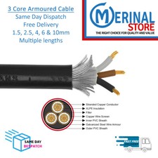 Armoured Cable 3 Core 6943x SWA Multiple Lengths & Sizes 1.5, 2.5, 4, 6 and 10mm