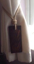Handmade Solid Pine Wooden Dark Rectangle Curtain Tie Backs With Jute Rope Tie