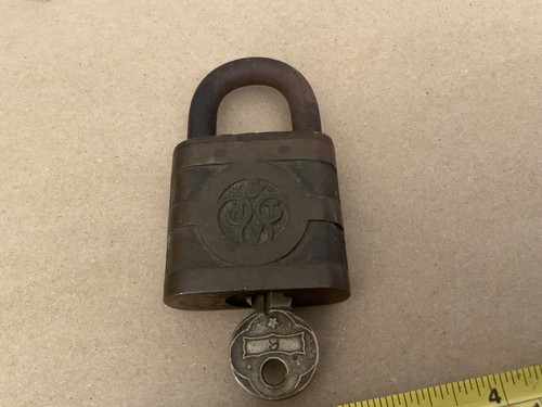 Antique brass padlock - with, key