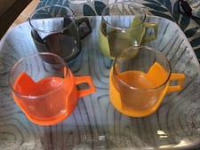 Vintage. Picnic Camping Glass Cups With Plastic Holders X4