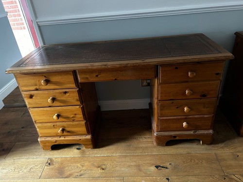 Pine desk with leather insert - desk,