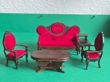 doll house oak/red 2x chairs/sofa and 2x tables 1.12th