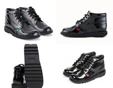 KICKERS Patent Leather Black Ankle Boots Kick Hi Unisex Shoes New Youth Size 3-6