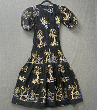 Zara Dress Black UK XS Midi Boho Puff Sleeve Stretch Embroidered Oriental Holly