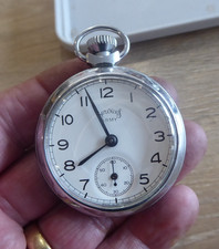 VINTAGE SERVICES ARMY GENTS POCKET WATCH , CHROME FINISH , WORKING