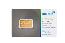 2.5g Gold 999 Fine Umicore Bullion Bar - SERIALISED.