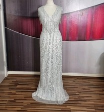 GORGEOUS ADRIANNA PAPELL WHITE SILVER EMBELLISHED LONG EVENING DRESS SIZE 18