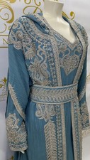 Fancy Abaya Kaftan Hoody Embroidery Women's Butterfly Dress Maxi Long Sleeve BLU