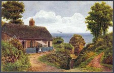 The Cottage, Ladram Bay - A.R.Quinton art postcard from 1926
