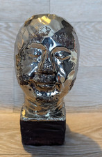Silver Man Bust Clay Head Heavy Abstract Sculpture 10 Inch Mounted  - Used Read