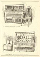 A Jacobean chest & 17th cent chair, old oak dresser 1907 antique print