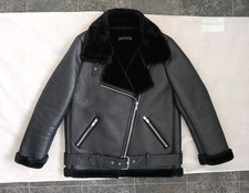 Zara Womens Aviator Flying Jacket Size EU L Faux Leather Black Faux Shearling