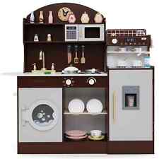 Kids Toy Kitchen Set Wooden Kitchen Playset w/Washing Machine & Storage-Coffee