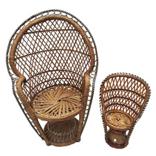 Vintage Boho Peacock Chairs x2 Rattan Small Wicker Doll Plant Stand 9'' & 16''