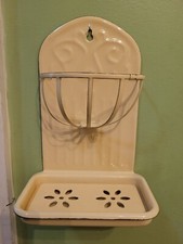 Vintage Cream Porcelain Enamel Hanging Soap Dish With Sponge Rack RARE 