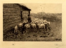 Antique Dutch Etching After Anton Mauve (1838-1888) A Shepherd with His Flock