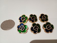 Shiny Green Teal Blue Flower Buttons  X 6
