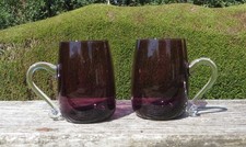 A Pair of Amethyst Glass Hand Blown Mugs with clear Handles 1/2 Pint