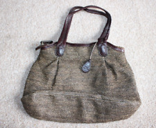 Tula Brown Raffia Knit Leather Trim Mid Sized Shoulder Zip Up Handbag