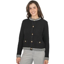 Womens M&S Gold Button Cardigan Classic Black Ivory Textured Crew Neck Tipped