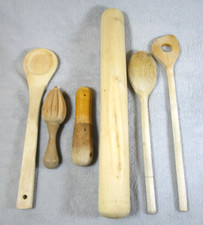 6 Lovely Vintage Wooden Kitchen Utensils - Rolling Pin, Lemon Juicer, Spoons Etc