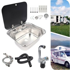 Stainless Steel Hand Wash Sink W/ Glass Lid & Faucet for Campervan Caravan RV