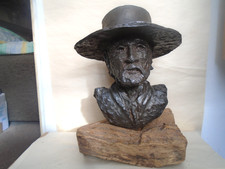 Superb large bronzed COWBOY bust with natural wood stand   AMERICAN WILD WEST