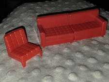 Rare Red Plastic Sectional Sofa Doll House Miniature Couch Settee Chair Suite