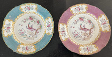 MINTONS VINTAGE GREEN & PINK COCKATRICE 10¼" PAIR OF DINNER PLATES
