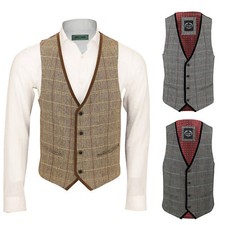 Mens Vintage Tweed Check Tan Brown Grey Herringbone Velvet Trim Retro Waistcoat
