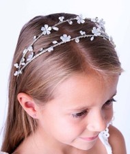 Girls' Sparkly Silver Floral Tiara Pearl Double Headband, Flower Girl Headpiece
