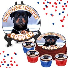 Rottweiler In Snow PERSONALISED Edible Cake Cupcake Toppers Dog Birthday Party