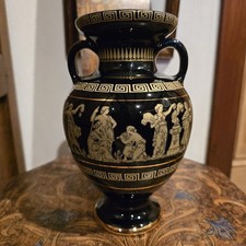 Hand Made In Greece Black and 24k Gold Urn Vase With Classical Theme 