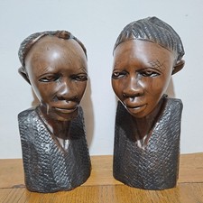 Pair of Vintage African Hand-Carved Wooden Heads/Busts - Male & Female -10” Tall