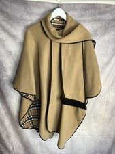 Vintage Camel Wool Blend Tartan Check Cape Coat Made in Great Britain