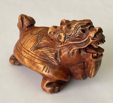 JAPANESE BOXWOOD SIGNED NETSUKE MYTHICAL “DRAGON TURTLE” WITH GLASS EYES