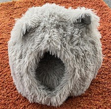 Pet cat small dog hooded bed basket grey fluffy & cozy igloo