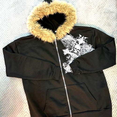 Y2k black zip fur hoodie - black,