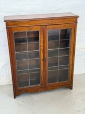 Antique Oak Bookcase Display Cabinet Leaded Glass Doors With Key 82x99.5x23cm