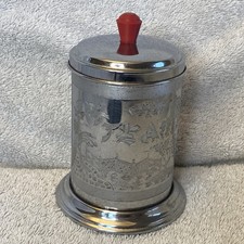 Vintage Tea Caddy Mid Century Silver Tone Metal With Chinese Pattern Retro