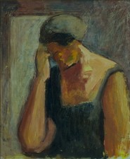 Beautiful Painting Antique Portrait Of Woman Pensive Scarf Expressionist 1950