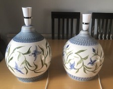 Matching Pair Of Tony Bristow Glazed Pottery Stoneware Table Lamps Blue Flowered